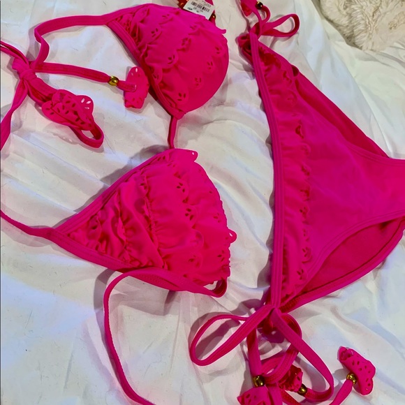 Neon Pink Triangle top bikini with lace ruffles and gold metal accents - Picture 3 of 6